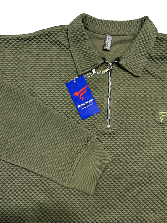 Olive Premium Knitted Quilted Half Zip | Winter Edition