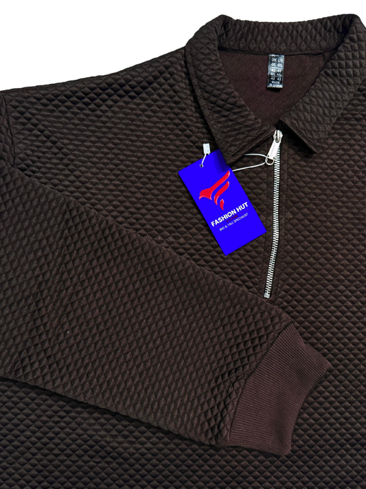 Brown Premium Knitted Quilted Half Zip | Winter Edition