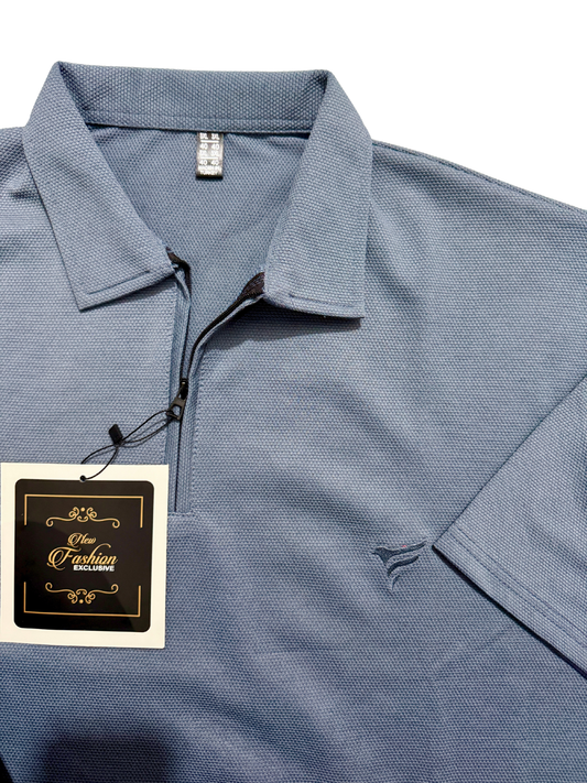 Blueish Grey Pk Lycra Half Zipper Polo| Summer Fit