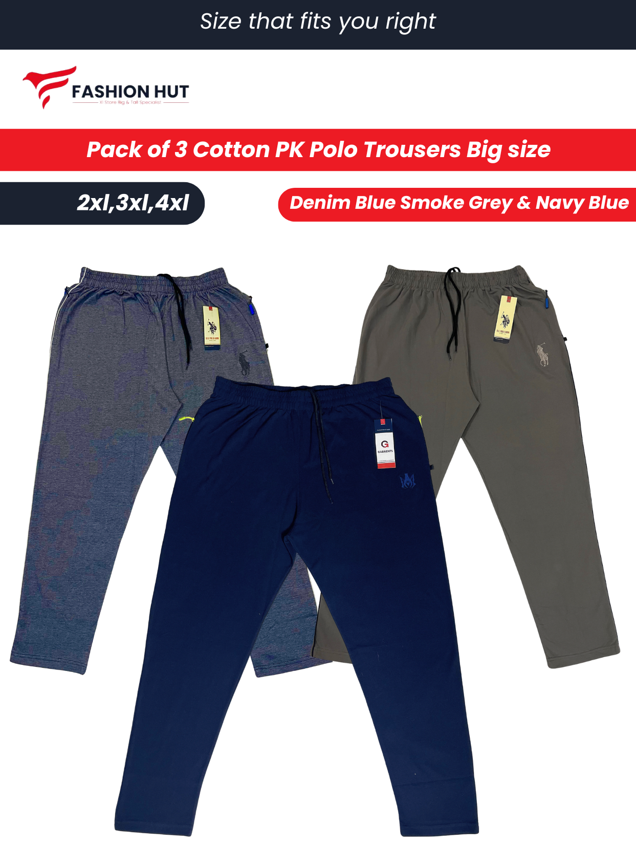 Pack of 3 Polo Fabric Trousers Big size