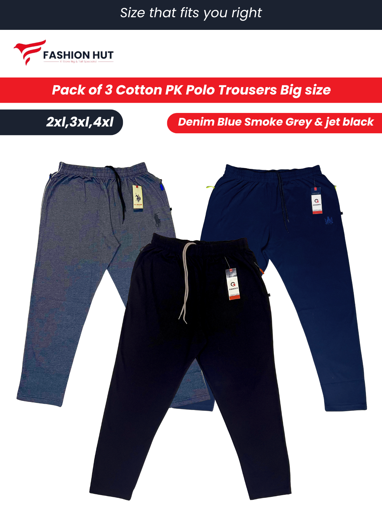 Pack of 3 Polo Fabric Trousers Big size