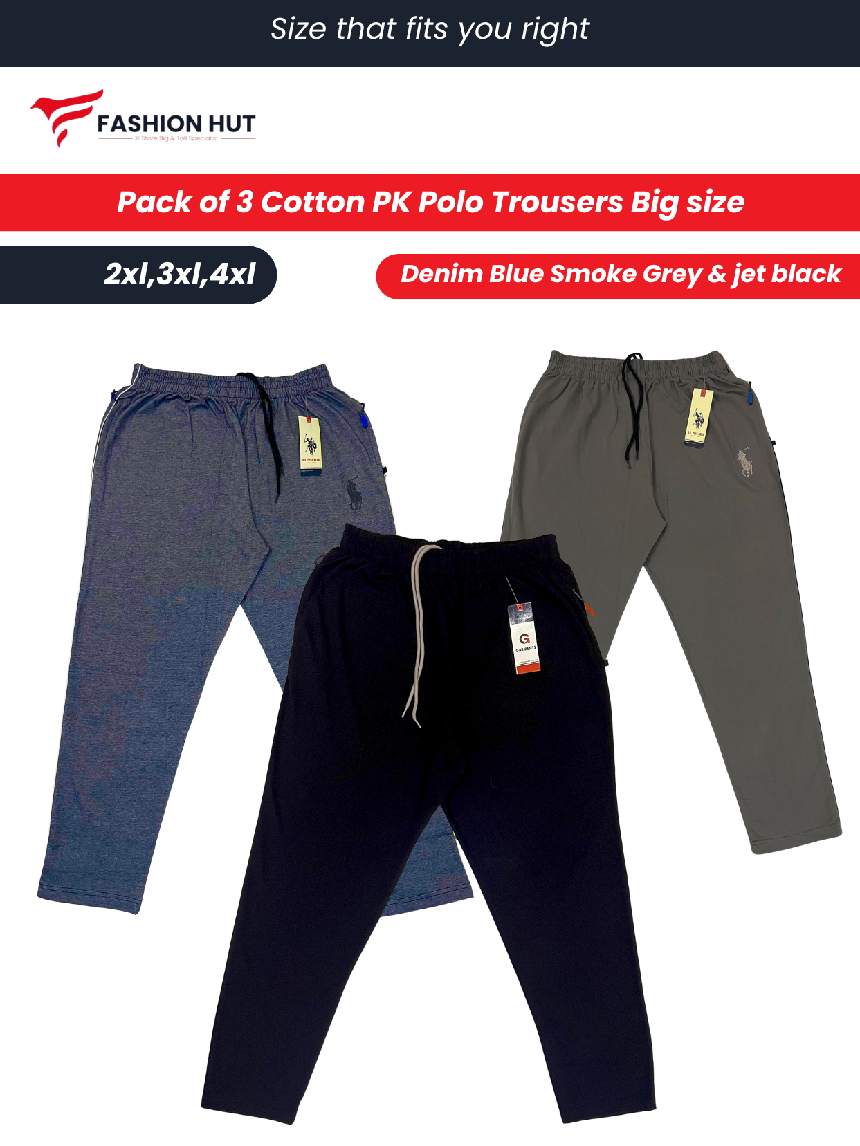 Pack of 3 Polo Fabric Trousers Big size