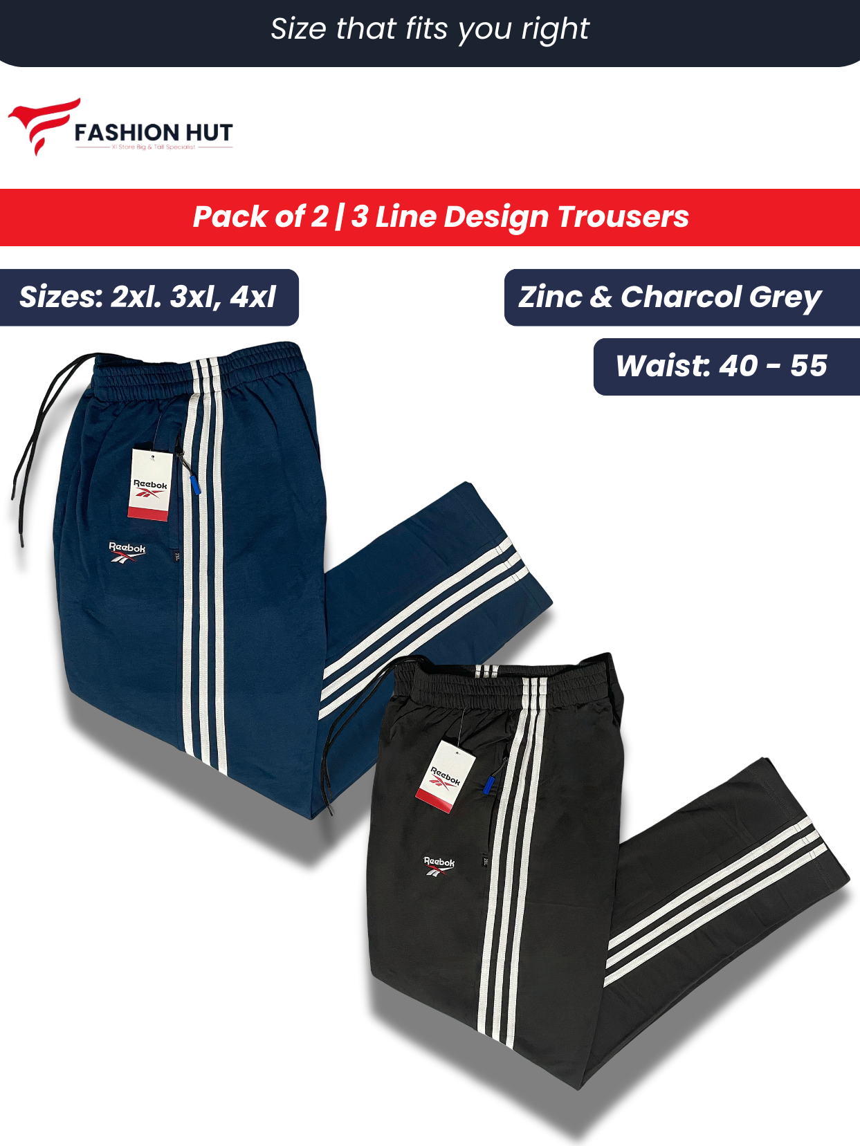 Pack of 2 Reebok 3 Stripes Terry Trousers