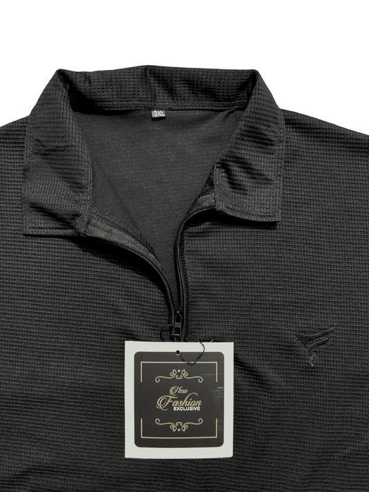 Jet Black Thermal Half Zipper Polo | Summer Fit