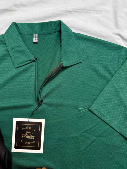 Bottle Green Pk Lycra Half Zip Polo| Summer Fit