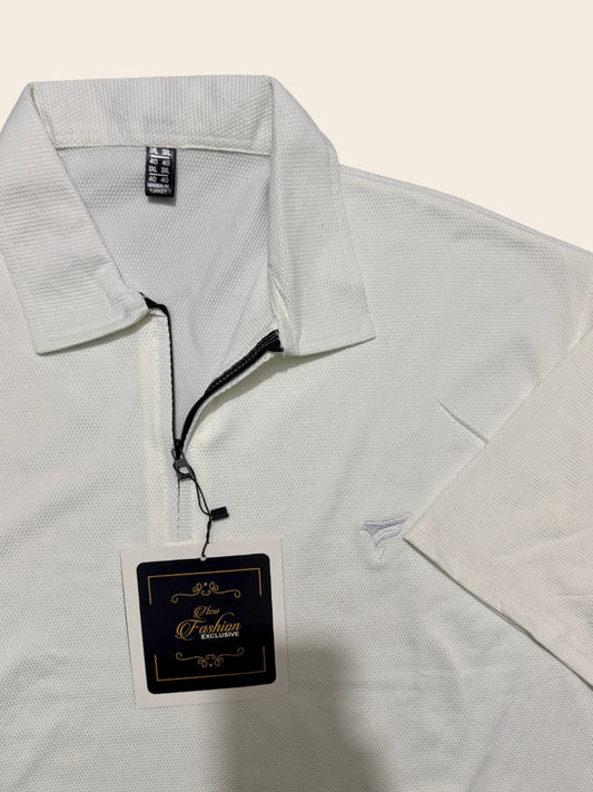 White Pk Lycra Half Zipper Polo | Summer Fit